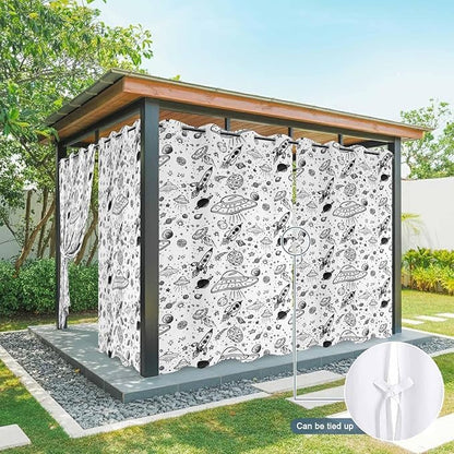 Cartoon Space Outdoor Curtains for Patio Rockets Astronauts Planets Black Waterproof Outside Curtains with Grommet Top Weatherproof Curtain for Cabana Pergola Gazebo, 1 Panel, 54" W x 108" L