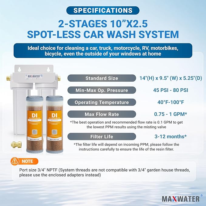 Max Water 2 Stage Deionized Spot - Free Car Rinse Unit, Premium Water Deionizer for Car Washing - Spotless Car, RV and Motorcycle Wash System - 3/4" Inlet/Outlet