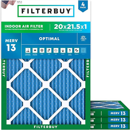 Filterbuy 20x21.5x1 Air Filter MERV 13 Optimal Smoke & Allergy Defense (4-Pack), Electrostatic Pleated HVAC AC Furnace Filters Replacement, Made in USA (Actual Size: 19.88 x 21.50 x 0.75)