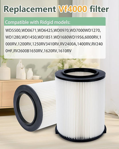 2 Pack Vf4000 Replacement Filter for Ridgid 6-16 Shop Vac Filter Wet Dry Vacuum Filters