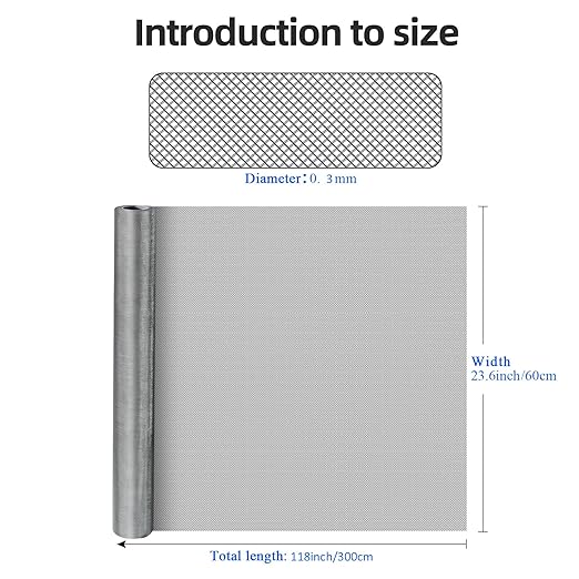 20 Mesh 304 Stainless Steel Mesh Screen, 24''×118''（60cm×300cm） Wire Screen Mesh, Rust Free Woven Wire Mesh, Metal Mesh Screen for Air Vents, Window Screen, Filters, Cage,Garden Covers