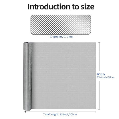 20 Mesh 304 Stainless Steel Mesh Screen, 24''×118''（60cm×300cm） Wire Screen Mesh, Rust Free Woven Wire Mesh, Metal Mesh Screen for Air Vents, Window Screen, Filters, Cage,Garden Covers