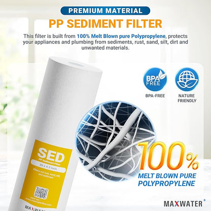 Max Water 5 Micron 20 x 4.5 Sediment Filter 20 inch Whole House BB Water Filtration System Replacement Compatible Cartridge DGD-5005-20, FP25B, AP810-6, FPMB5-20, P5-20, 155358-43, 4-Pack