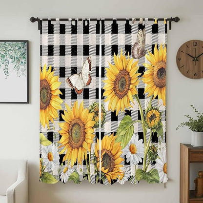 Sunflowers Living Room Curtains 96 Inch Length, Window Curtains Tab Top, Yellow Flowers Butterfly Farmhouse Black Plaid Light Filtering Window Treatments Drapes 52"x96" 2 Panel