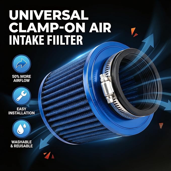 Universal Clamp-On Air Intake Filter, High Performance, Washable Filter, Replacement Air Filter, Flange Diameter 2.5inch/64mm (Blue)