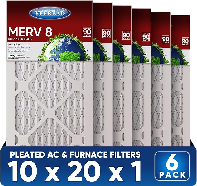 10x20x1 MERV 8 Air Filters 6-Pack, Actual Size 9.7" x 19.7" x 0.75" – Compatible with HVAC, Air Conditioners & Furnaces– High Particle Capture & Smooth Airflow