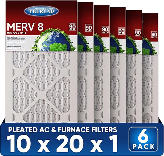 10x20x1 MERV 8 Air Filters 6-Pack, Actual Size 9.7" x 19.7" x 0.75" – Compatible with HVAC, Air Conditioners & Furnaces– High Particle Capture & Smooth Airflow