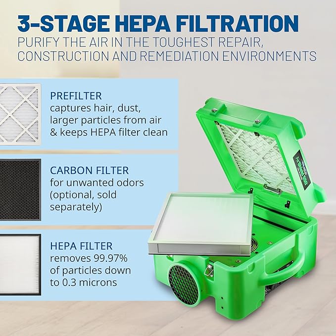 BlueDri Air Shield 550 HEPA Air Scrubber, Water Damage Restoration Equipment Air Purifier, Covers 1400 Sq. Ft, Daisy Chain Capable, For Commercial Use, Green, BD-AS-550