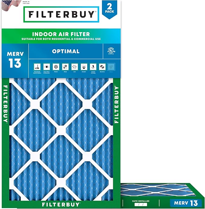 Filterbuy 11.25x23.25x1 Air Filter MERV 13 Optimal Smoke & Allergy Defense (2-Pack), Electrostatic Pleated HVAC AC Furnace Filters Replacement, Made in USA (Actual Size: 11.25 x 23.25 x 0.75)