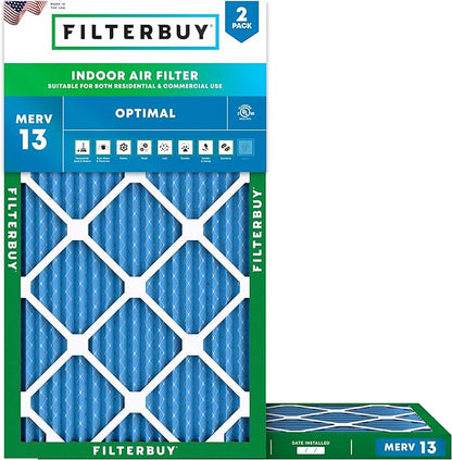 Filterbuy 13x21.5x1 Air Filter MERV 13 Optimal Smoke & Allergy Defense (2-Pack), Electrostatic Pleated HVAC AC Furnace Filters Replacement, Made in USA (Actual Size: 12.88 x 21.50 x 0.75)