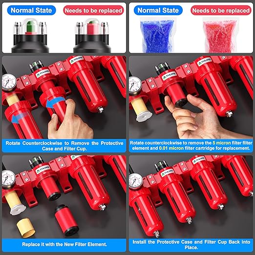 TAILONZ PNEUMATIC 0-150PSI 3/8 Inch NPT Red Industrial Grade 4 Stage Air Drying System, Particulate Filter, Coalescing Filter, Double Desiccant Dryer and Air Regulator (Manual Drainage)
