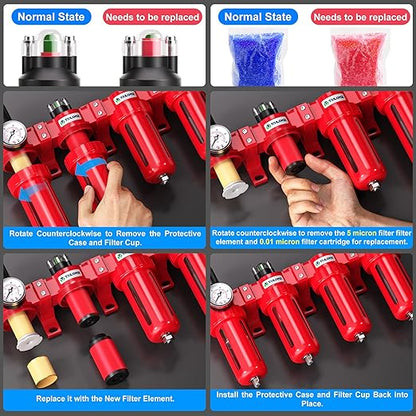 TAILONZ PNEUMATIC 0-150PSI 3/8 Inch NPT Red Industrial Grade 4 Stage Air Drying System, Particulate Filter, Coalescing Filter, Double Desiccant Dryer and Air Regulator (Manual Drainage)