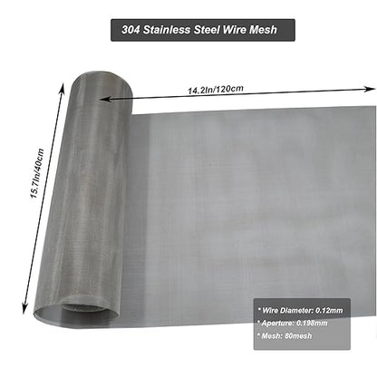 304 Stainless Steel Mesh 80Mesh, 15.7"x47.2"(40x120cm) Metal Mesh Screen, Woven Fine Wire Mesh Easy to Cut for Filter Mesh, Filtration Cloth and DIY Project