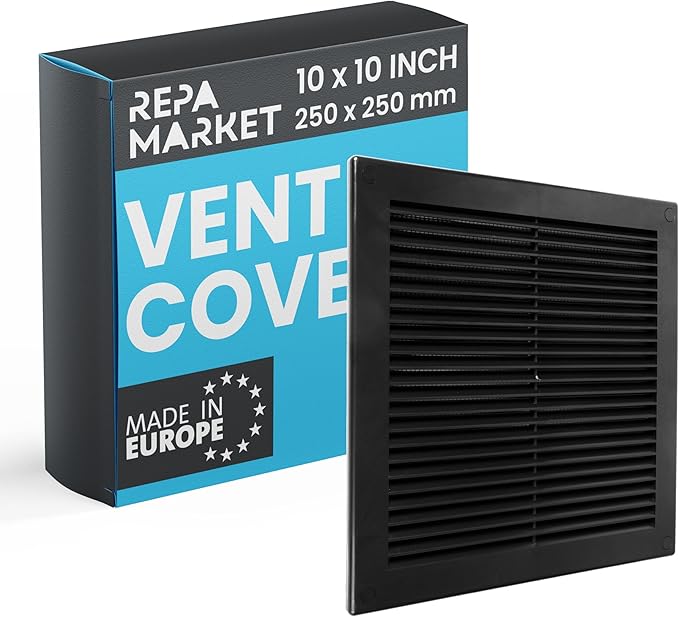Repa Market 10 x 10 Inch (Outer) Black Square Air Vent Cover - Plastic Fresh Air Intake Vent - AC Cover with Nylon Mesh Screen, Wall, Ceiling HVAC Return Air Register, Modern Soffit Vents