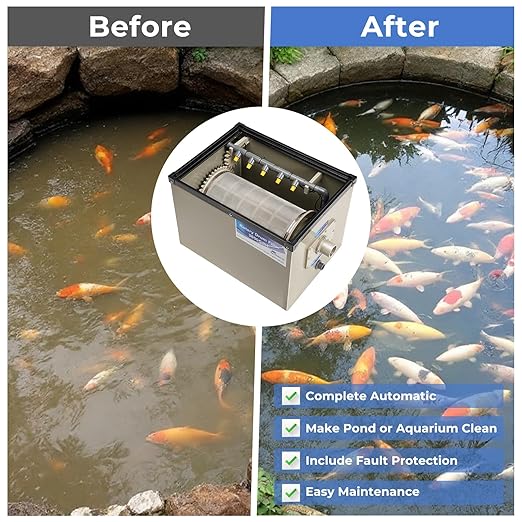 Rotary Drum Filter-3000GPH Canister Filter AC110-240V RDF Fully Automatic Water Self-Cleaning Filtration for Koi Pond,Fish Pond,Aquarium,Fish Farm,Seedling Cultivation Base,Aquaculture,Hydroponics