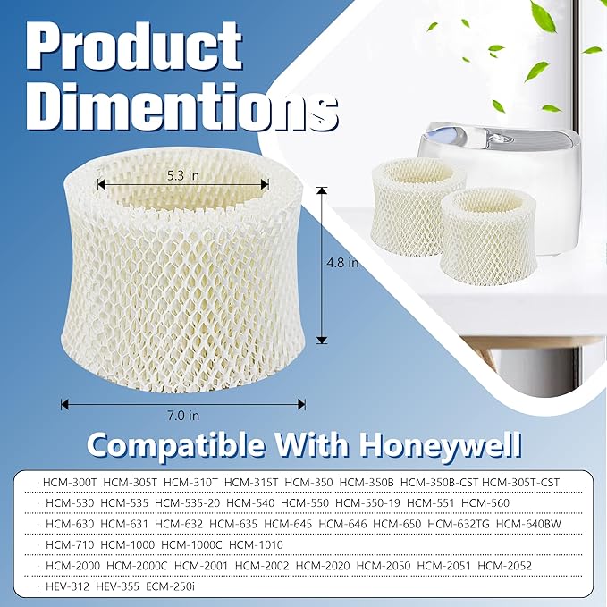 Funmit Humidifier Filters Replacement for Honeywell Humidifier Filter HAC-504 HAC-504AW and Honeywell Filter A, Replacement for Honeywell HCM-350 HCM-500 HCM600 Cool Mist Humidifiers, 4 Pack, White