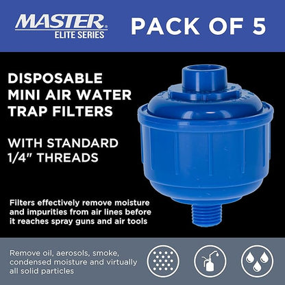 Master Elite Pack of 5 Disposable Mini Air Water Trap Filters with Standard 1/4" Threads - Effectively Removes Moisture Before it Reaches Spray Guns and Air Tools