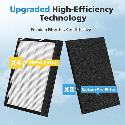 4 Pack T554 Replacement Filter Compatible with Trucozie T554 Air Purifier, 3-in-1 Filtration System Replacement Filters with Activated Carbon for Home Room, 4 HEPA Filter and 8 Washable Pre-Filters