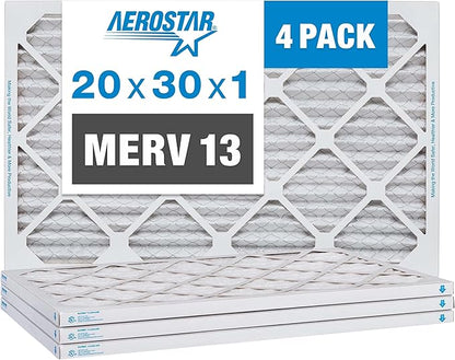 Aerostar 20x30x1 MERV 13 Pleated Air Filter, AC Furnace Air Filter, 4 Pack (Actual Size: 19 3/4" x 29 3/4" x 3/4")