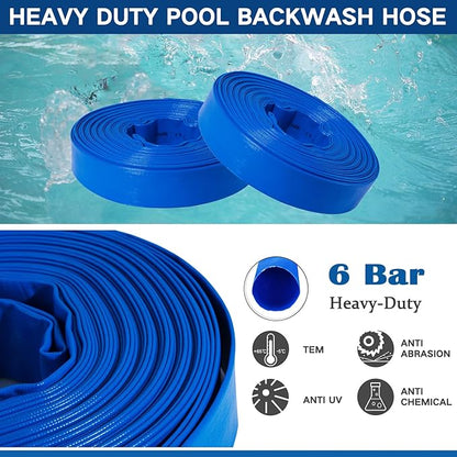 Eastrans 1 1/2 in x 50 ft Pool Backwash Hose Kit with Male NPT Adapter,Heavy Duty Discharge Pump Hose for Swimming Pool,Reinforced Pool Drain Hose with 2 Clamps and Thread Seal Tape,6 Bar