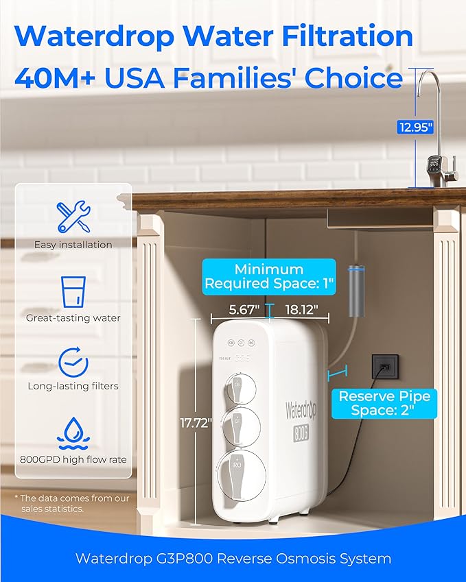 Waterdrop G3P800 Reverse Osmosis System, 800 GPD Fast Flow, NSF/ANSI 42 & 53 & 58 & 372 Certified, 3:1 Pure to Drain, Tankless Under Sink RO Water Filter System, LED Purifier, Smart Faucet