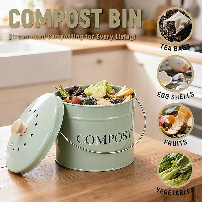 Compost Bin for Kitchen Counter, 1 Gallon Compost Bucket with Lid and Charcoal Filter, Countertop Composter, Rust Proof Indoor Food Waste Bin, Green