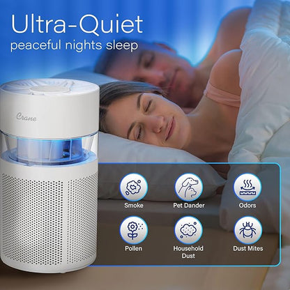 Crane True HEPA Air Purifier with Ambient Night Light and Aroma Tray, Covers Up to 200 sq ft, Quiet Air Cleaner for Bedroom, Nursery, Dorm, or Office, Removes Dust, Pollen, Smoke, and Pet Dander