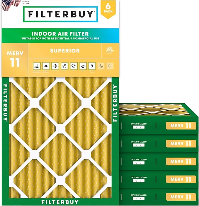 Filterbuy 16x24x2 Air Filter MERV 11 Superior Pet & Allergy Defense (6-Pack), Electrostatic Pleated HVAC AC Furnace Filters Replacement, Made in USA (Actual Size: 15.38 x 23.38 x 1.75)
