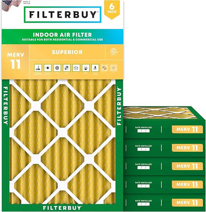 Filterbuy 16x24x2 Air Filter MERV 11 Superior Pet & Allergy Defense (6-Pack), Electrostatic Pleated HVAC AC Furnace Filters Replacement, Made in USA (Actual Size: 15.38 x 23.38 x 1.75)