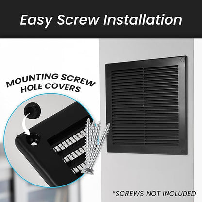 Repa Market 4 x 4 Inch (Outer) Black Square Air Vent Cover - Plastic Fresh Air Intake Vent - AC Cover with Nylon Mesh Screen, Wall, Ceiling HVAC Return Air Register, Modern Soffit Vents