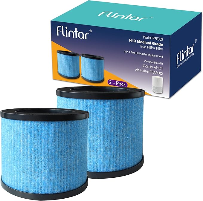 Flintar TPAP002 Replacement Filters, Compatible with TOPPIN TPAP002 Air Purifier Comfy Air C1, 3-in-1 H13 Grade Filtration Set, Part# TPFF002, 2-Pack