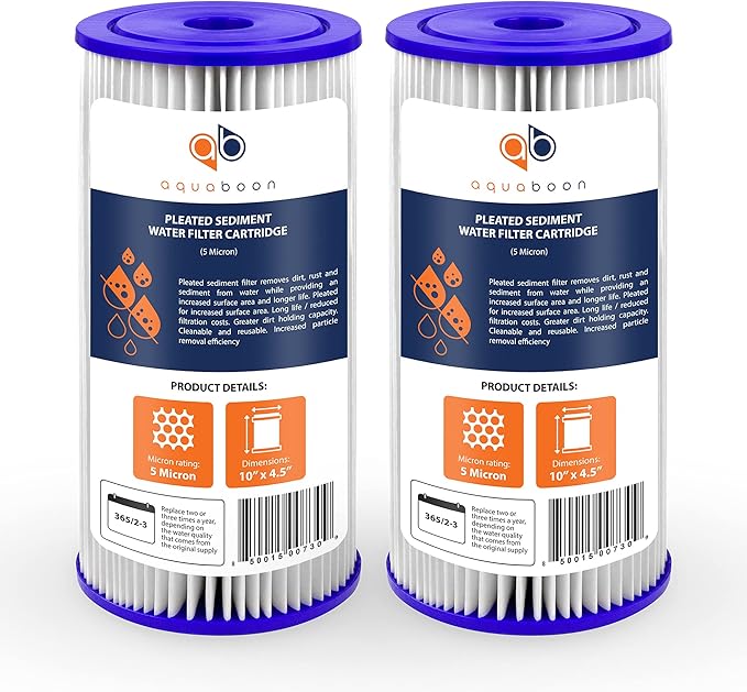 Aquaboon 5 Micron Pleated Sediment Water Filter 10 x 4.5 Cartridge - Whole House Water Filter Replacement - Whole House Water Filters Cartridges Compatible with Well Filters FXHSC, R50-BBSA, 2-Pack