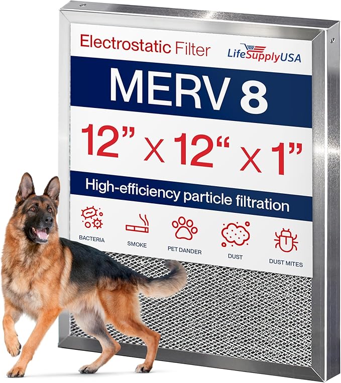 12x12x1 Electrostatic Air Filter, MERV 8, Washable, Reusable Furnace AC/HVAC Filter, Energy Saving, Easy to Clean, Long-Lasting by LifeSupplyUSA