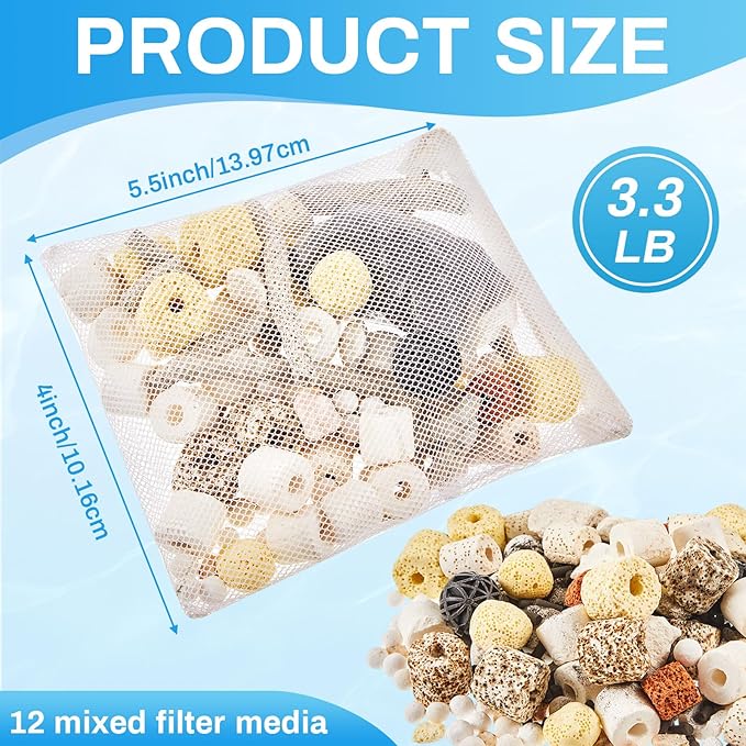 Timgle 3 Bags Aquarium Filter Media Bio Balls Ceramic Rings Set 1500 g Total 3.3 lb 12 in 1 with Mesh Bag Ceramic Rings for Aquarium Filter Pond and Fish Tank Accessories Decorations