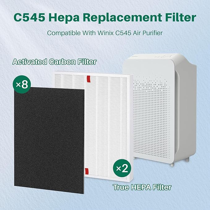 10 Pack C545 Replacement HEPA Filter Compatible with Winix C545 | Ture HPEA Filter S Only, Part number 1712-0096-00 and 2522-0058-00, 2 True HEPA Filter + 8 Activated Carbon Filters