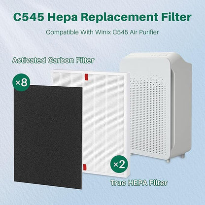10 Pack C545 Replacement HEPA Filter Compatible with Winix C545 | Ture HPEA Filter S Only, Part number 1712-0096-00 and 2522-0058-00, 2 True HEPA Filter + 8 Activated Carbon Filters