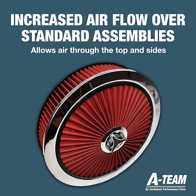 A-Team Performance High-Flow Air Cleaner Assembly - 14x3in, Red Chrome Top & Base Red Air Cleaner Element - Performance Auto Parts & Replacement Filter - Compatible with Chevrolet, GMC & Ford