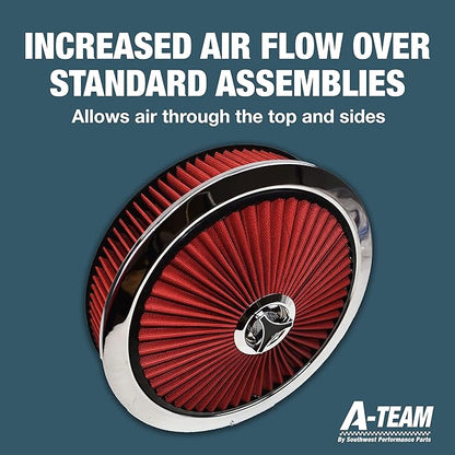 A-Team Performance High-Flow Air Cleaner Assembly - 14x3in, Red Chrome Top & Base Red Air Cleaner Element - Performance Auto Parts & Replacement Filter - Compatible with Chevrolet, GMC & Ford