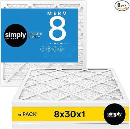 Simply 8x30x1 Air Filter, Merv 8, 6 Pack, For Home AC Furnace & HVAC (Actual Size: 7.75"x29.75"x0.75") DUST, Pet, & Allergy Control