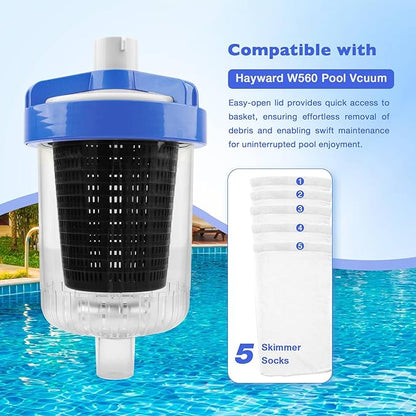 ATRACYPART Inline Pool Leaf Canister Compatible with Hayward W560 PoolVac Navigator Standard, Leaf Catcher Filter with Strainer Basket and 5 Skimmer Socks