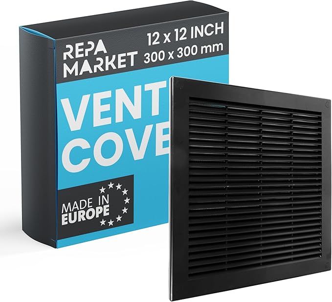 Repa Market 12 x 12 Inch (Outer) Black Square Air Vent Cover - Plastic Fresh Air Intake Vent - AC Cover with Nylon Mesh Screen, Wall, Ceiling HVAC Return Air Register, Modern Soffit Vents