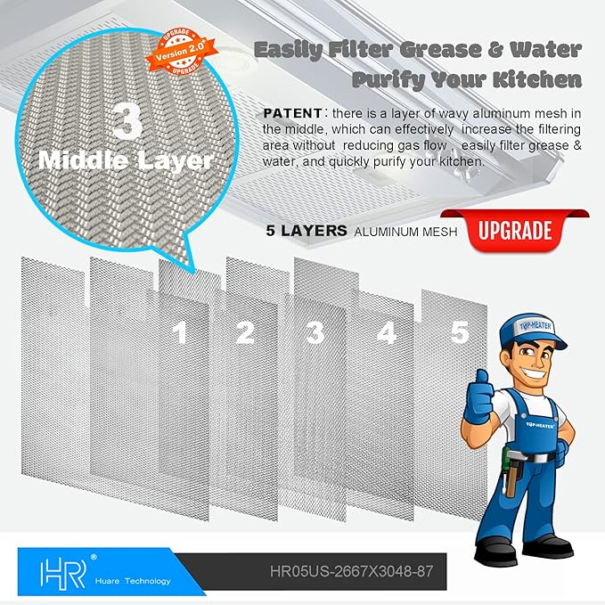 W10169961A Range Hood Filter Replacement, Fits Whirlpool, Ikea, Kitchen Aid, Jenn Air, 5-Layer Aluminum Mesh Hood Grease Filter 10.5x12 Inch, Aluminum Range Hood Vent Filters, 2PCS
