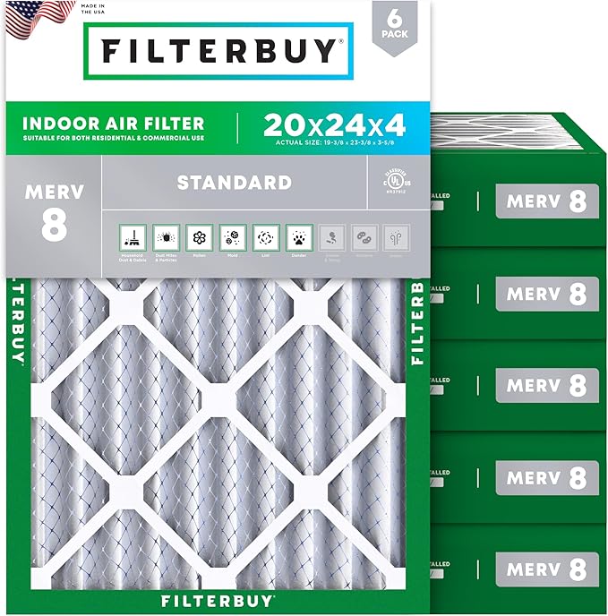 Filterbuy 20x24x4 Air Filter MERV 8 Essential Dust & Allergy Defense (6-Pack), Electrostatic Pleated HVAC AC Furnace Filters Replacement, Made in USA (Actual Size: 19.38 x 23.38 x 3.63)