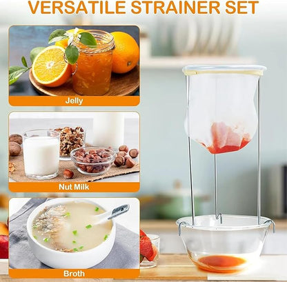 Jelly Strainer Stand with 100 Mesh Fine Strainer bag of Nylon Multipurpose use for making Jellies, Jam, Juices, Nut milk, Broth, Strain handsfree, Fine Mesh Sieve, jelly bag for canning