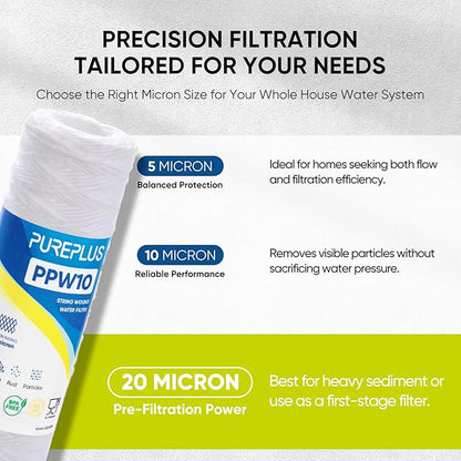 PUREPLUS 20 Micron 10"x2.5" Whole House String Wound Sediment Filter for Well Water, Replacement Cartridge for Universal 10 inch RO System, WP-5, Aqua-Pure AP110, CFS110, Culligan P5,WFPFC4002, 6Pack