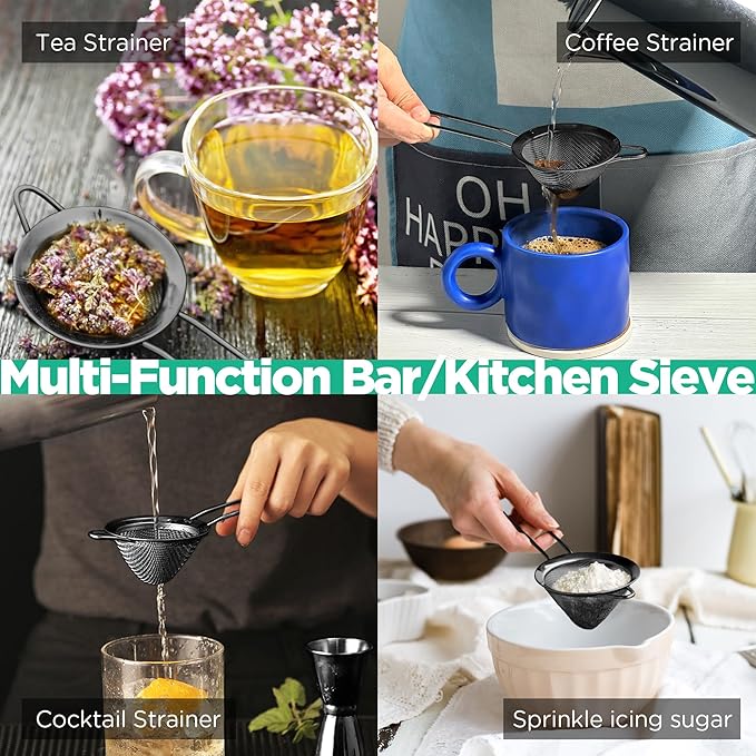 Homestia Kitchen 304 Stainless Steel Fine Mesh Strainer For Kitchen - Sieve Sifters For Food, Tea, Rice, Oil, Noodles, Fruits, Vegetables - Rust-Proof Drink Strainer (Black, 2 Pieces)
