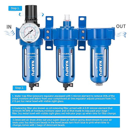 NANPU Zinc Alloy 3 Stage Air System - Particulate Filter, Coalescing Filter, Desiccant Dryer & Air Regulator, Poly Bowl, Manual Drain, Mid Flow, Suitable for Paint Spray & Plasma Cutter (3/8" NPT)