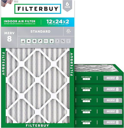 Filterbuy 12x24x2 Air Filter MERV 8 Essential Dust & Allergy Defense (6-Pack), Electrostatic Pleated HVAC AC Furnace Filters Replacement, Made in USA (Actual Size: 11.38 x 23.38 x 1.75)