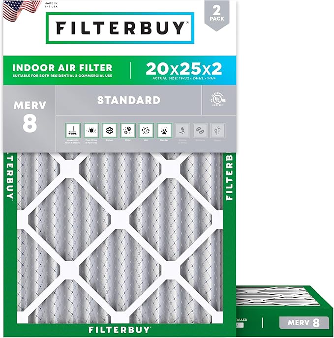 Filterbuy 20x25x2 Air Filter MERV 8 Essential Dust & Allergy Defense (2-Pack), Electrostatic Pleated HVAC AC Furnace Filters Replacement, Made in USA (Actual Size: 19.50 x 24.50 x 1.75)