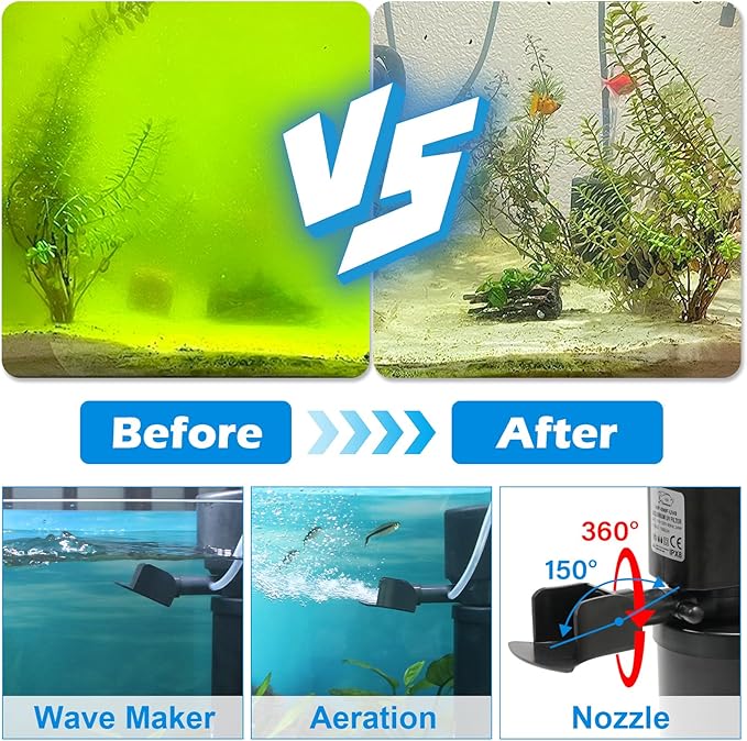 Aquarium U-V Filter 290GPH w/ Scientific Timer for 40-150 Gallon Fish Turtle Tank Internal Filter Bio Sponge Submersible Power Pump w/ Aeration Deodorization Saltwater Freshwater Green Clean Machine